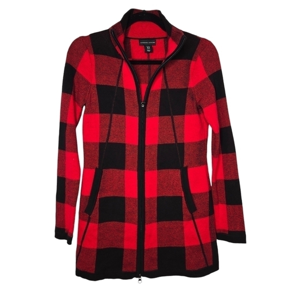ADRIENNE VITTADINI Women's Buffalo Checkered Cardigan Sweater Red/Black Size XS - Picture 2 of 8